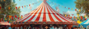 A traditional circus tent adorned with vibrant red and white stripes under a clear blue sky. The entrance bustles with activity as visitors of all ages gather under festive banners and colorful decorations, creating a lively and inviting atmosphere